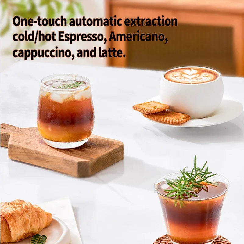 One-touch automatic coffee machine makes hot or cold espresso, americano, latte, and cappuccino drinks.