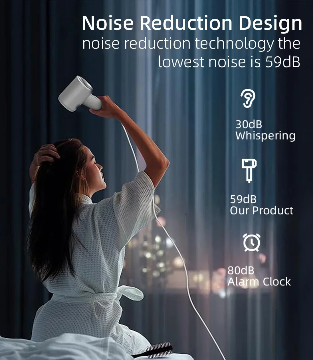 Woman using a white, ultra-quiet high-speed hair dryer with noise reduction technology in a bedroom setting.