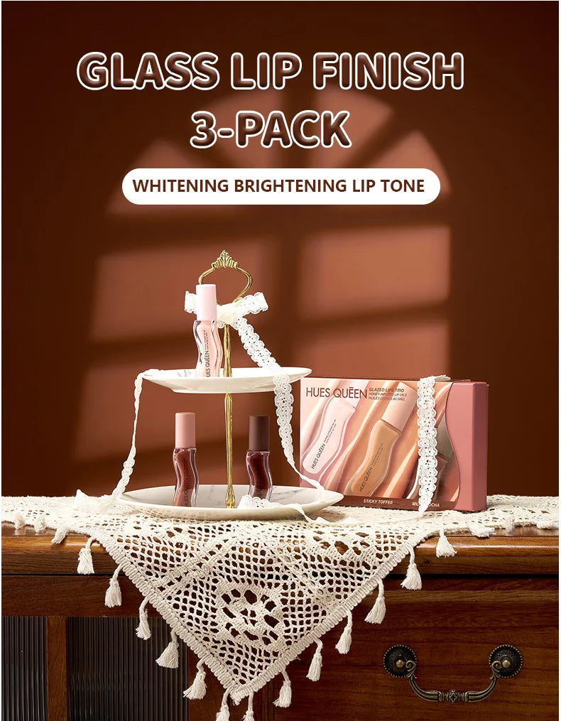 3-pack moisturizing lip gloss set with hydrating glass finish tints in varied nude shades for Western makeup looks.