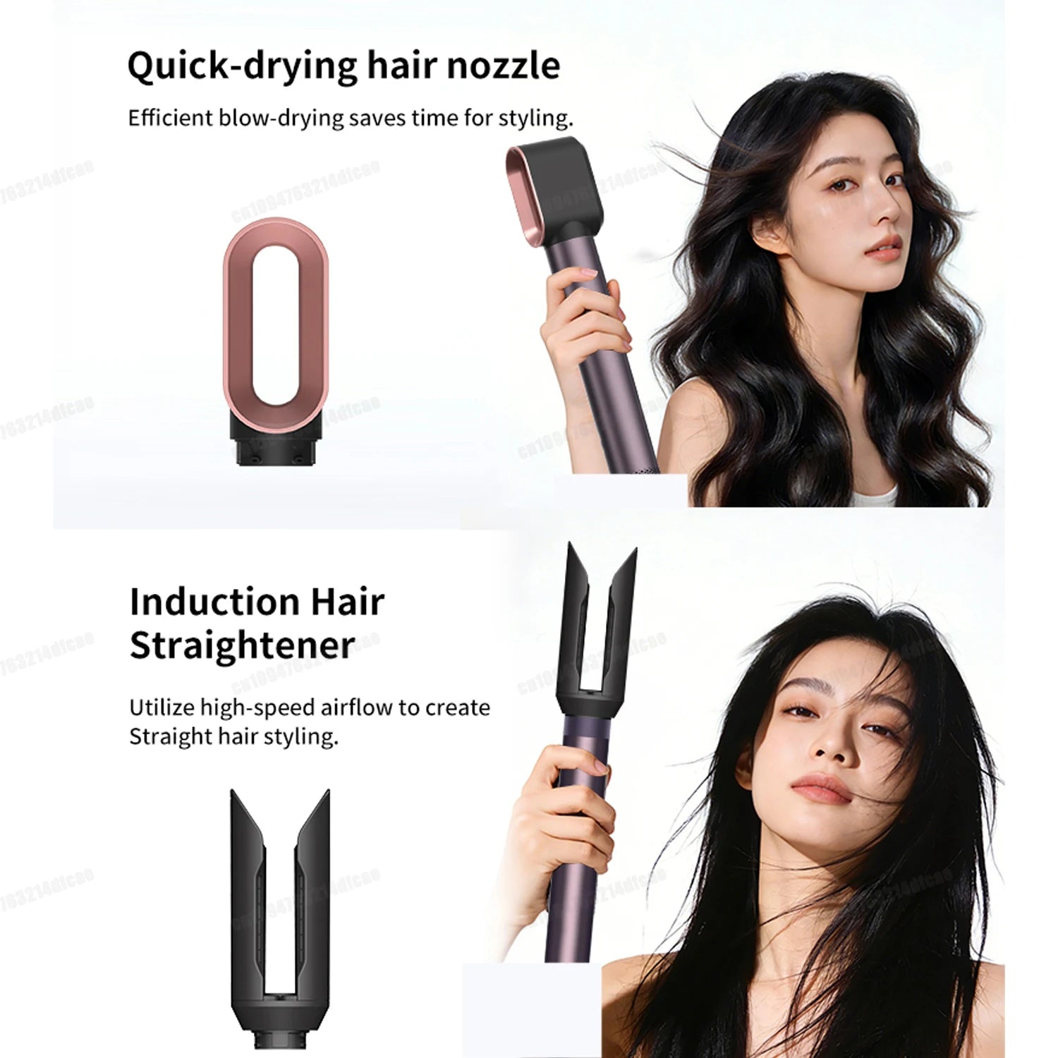 SenCiciMen 5-in-1 hair styler with rose gold dryer nozzle and black straightener attachment for professional styling.