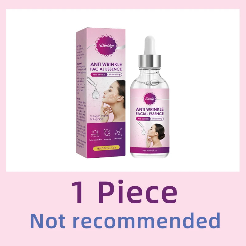 Slibridge anti-wrinkle facial essence 30ml bottle and box, featuring pink branding and a woman's face on the label.