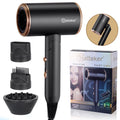 Black and rose gold Hatteker foldable negative ion hair dryer with three styling attachments and retail packaging.