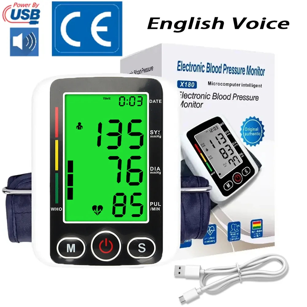 Automatic Digital Arm Blood Pressure Monitor Sphygmomanometer Tonometer Tensiometer Heart Rate Pulse Meter BP Monitor Healthy