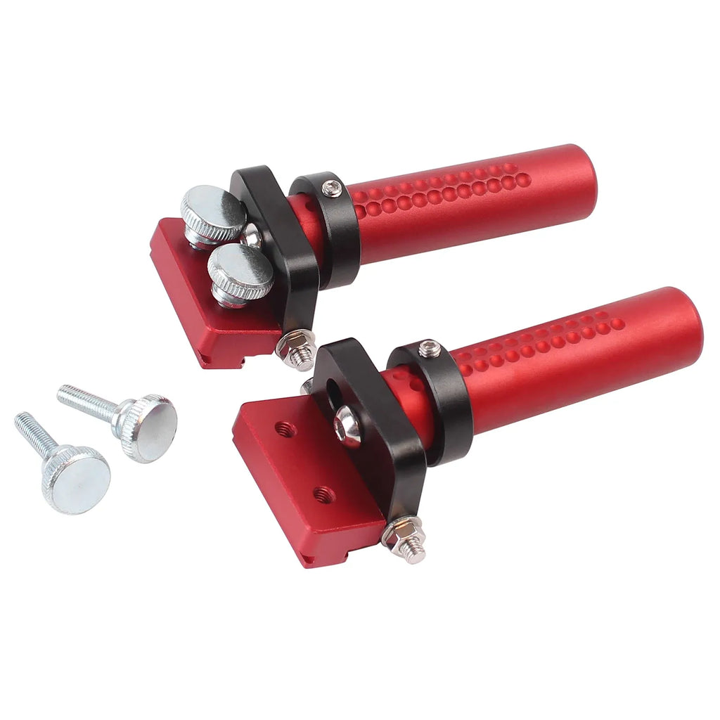 Adjustable hinge dog clamps with red posts, black bases, and included mounting screws