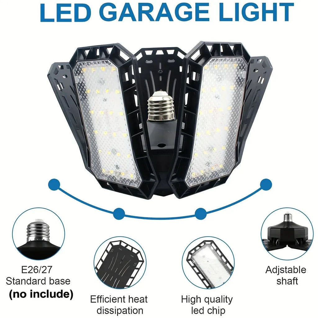 LED garage ceiling light with 5-panel cross head, E26/E27 base, adjustable shaft