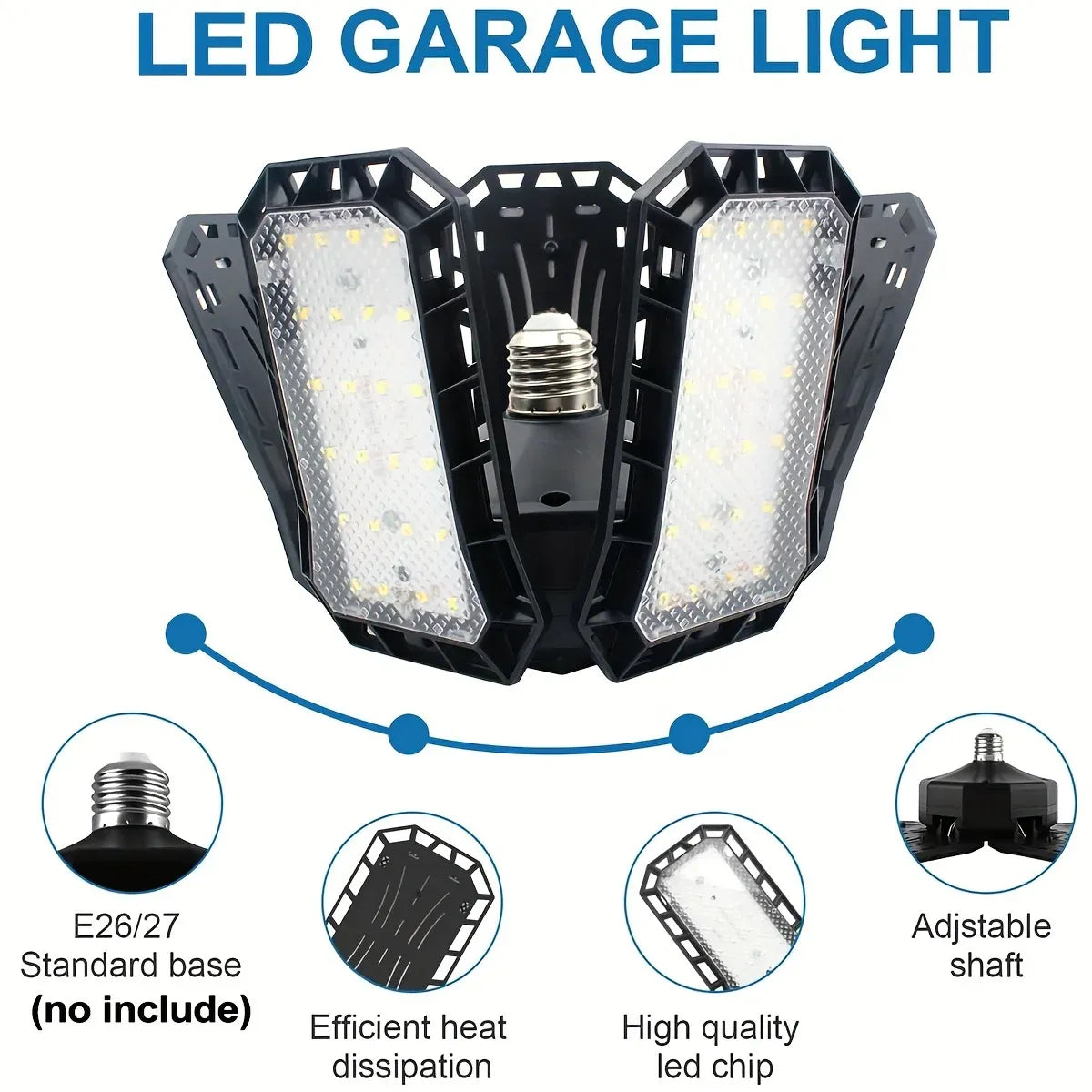 LED garage ceiling light with 5-panel cross head, E26/E27 base, adjustable shaft