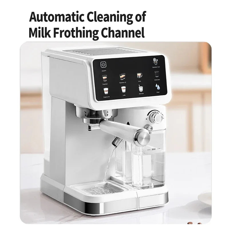 White automatic espresso machine with touchscreen, milk frother, and self-cleaning feature on a kitchen counter.