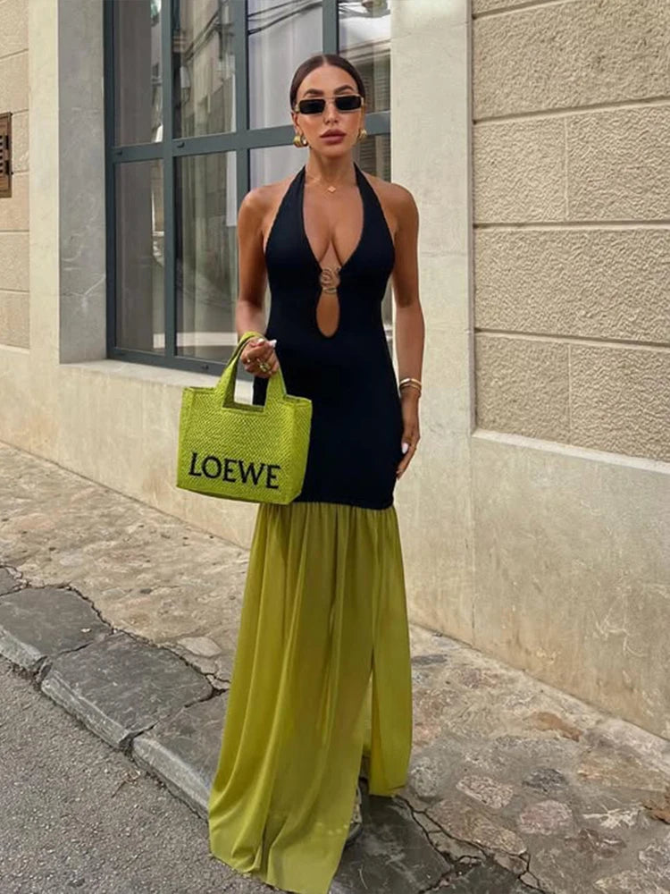 Kliou Halter Patchwork Maxi Dress Women Elegant Contrast Colors Draped Backless Low Neck Sheath Robe Mujer High Street Vestidos