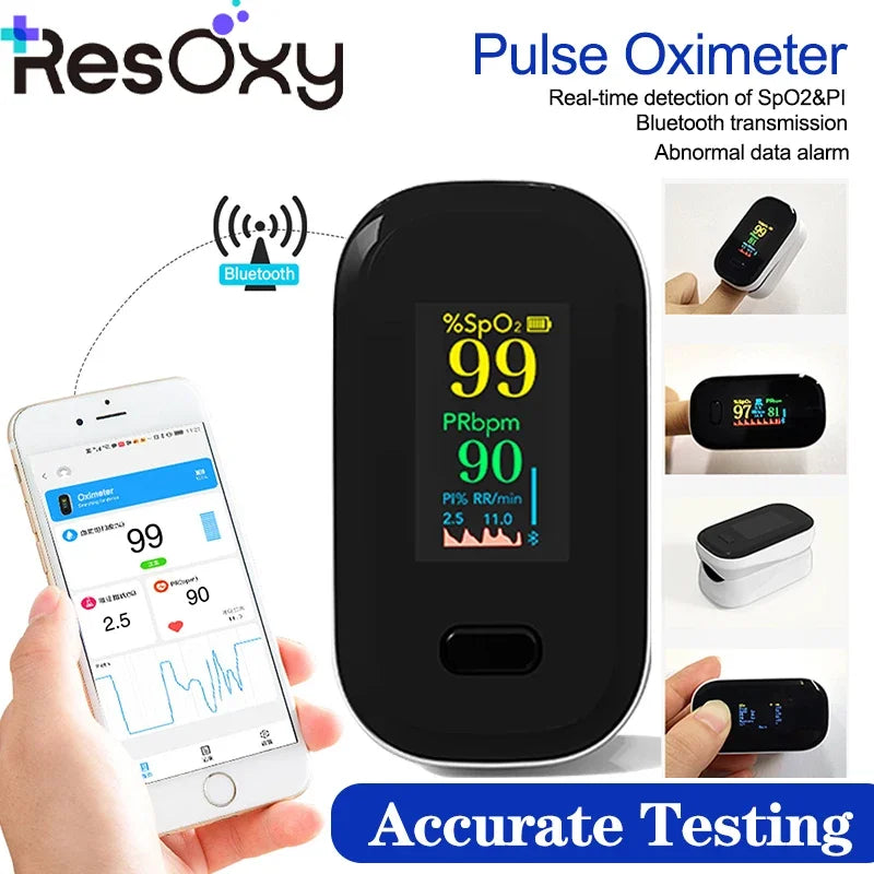Resoxy Pulse Fingertip Oximeter Heart Rate Blood Oxygen Saturation Monitor TFT Display For Android Apple Apps Bluetooth Oximeter