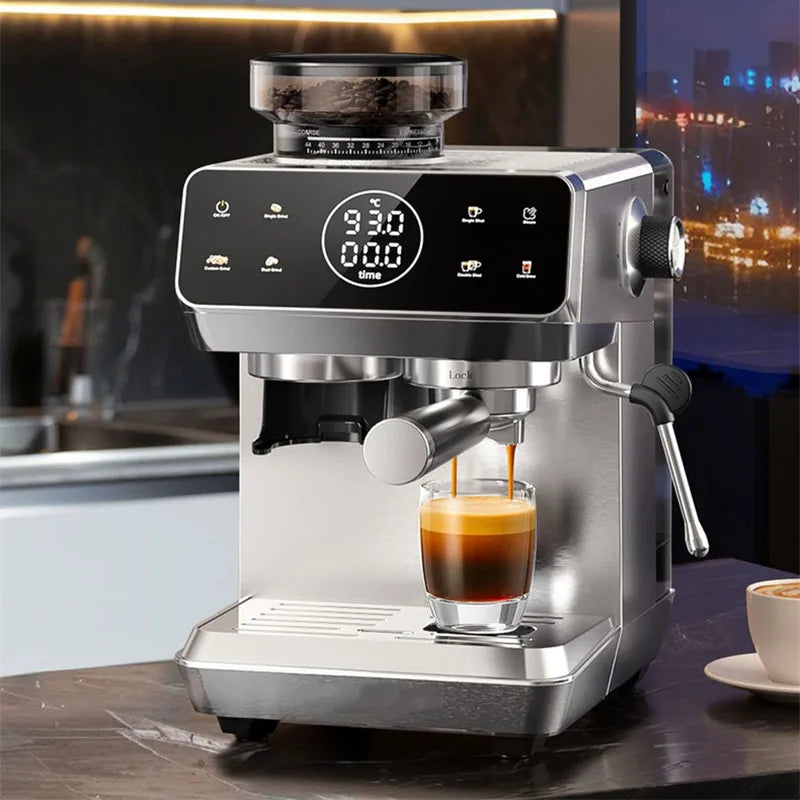 Stainless steel espresso machine with digital display, integrated bean grinder, and milk frother brewing coffee.