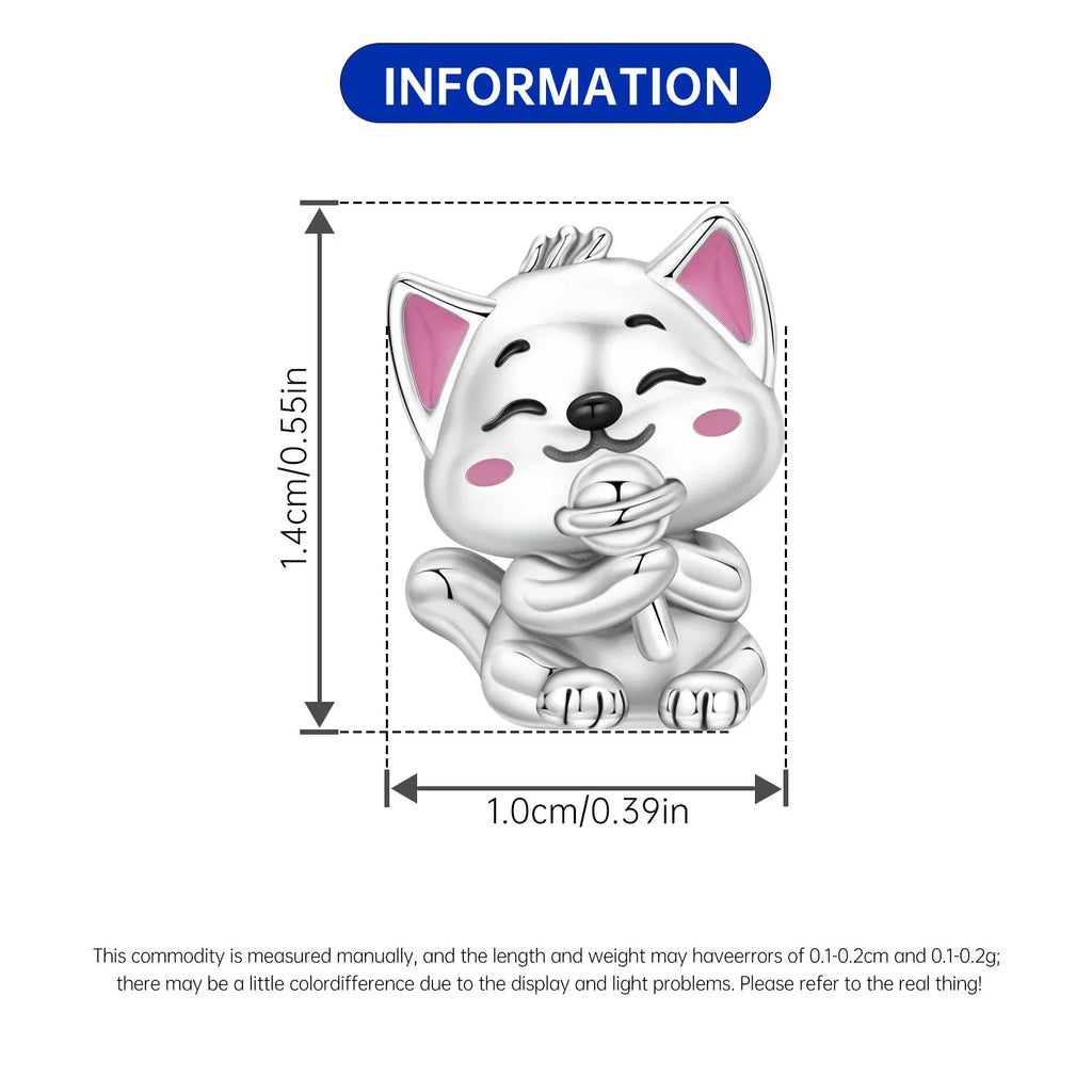 Cute cat 925 sterling silver charm bead for DIY bracelets. Trendy 1.4cm pet jewelry gift with pink enamel accents.