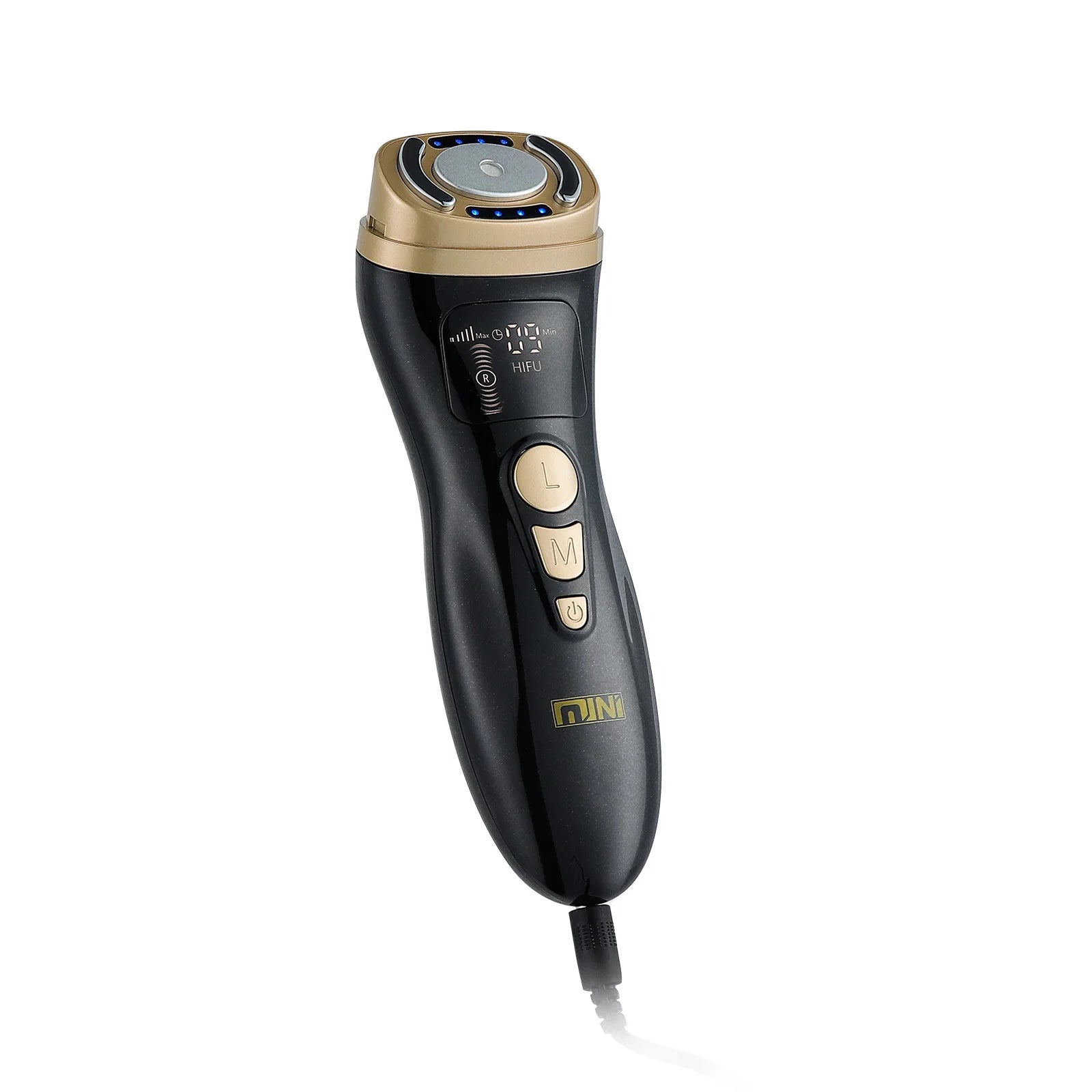 Black and gold handheld HIFU facial massager with a digital display screen and three control buttons.