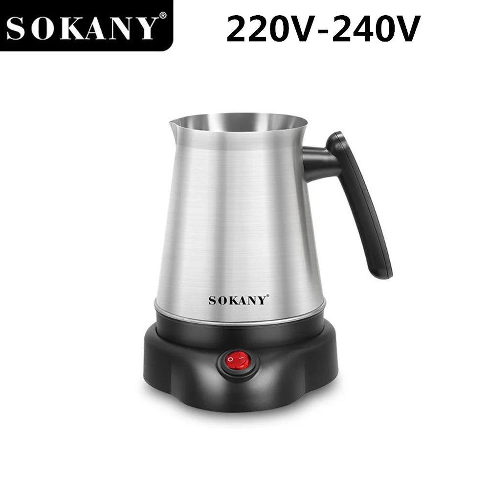 Sokany stainless steel electric Turkish coffee maker with black base, handle, and red power switch for 220V-240V.