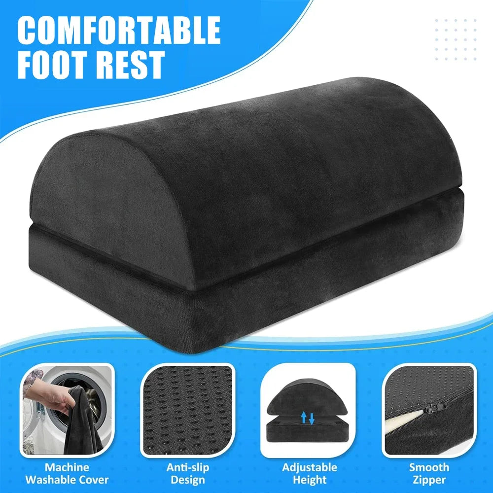 Black ergonomic under desk footrest pillow with adjustable height, washable cover, and anti-slip base for office use.