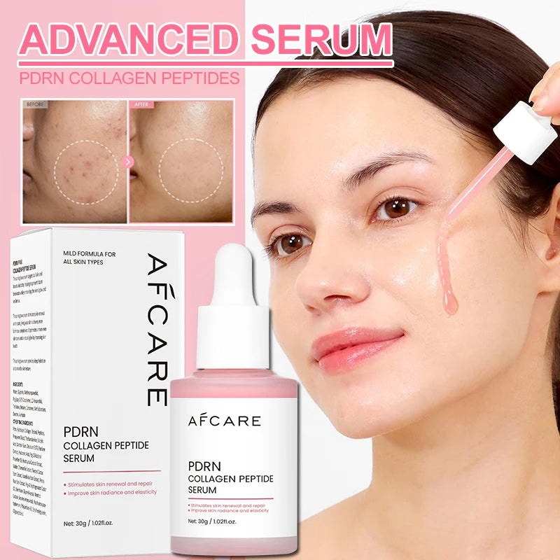 AFCARE PDRN Collagen Peptide Serum in pink bottle with dropper, showing clear, hydrating texture applied to skin.