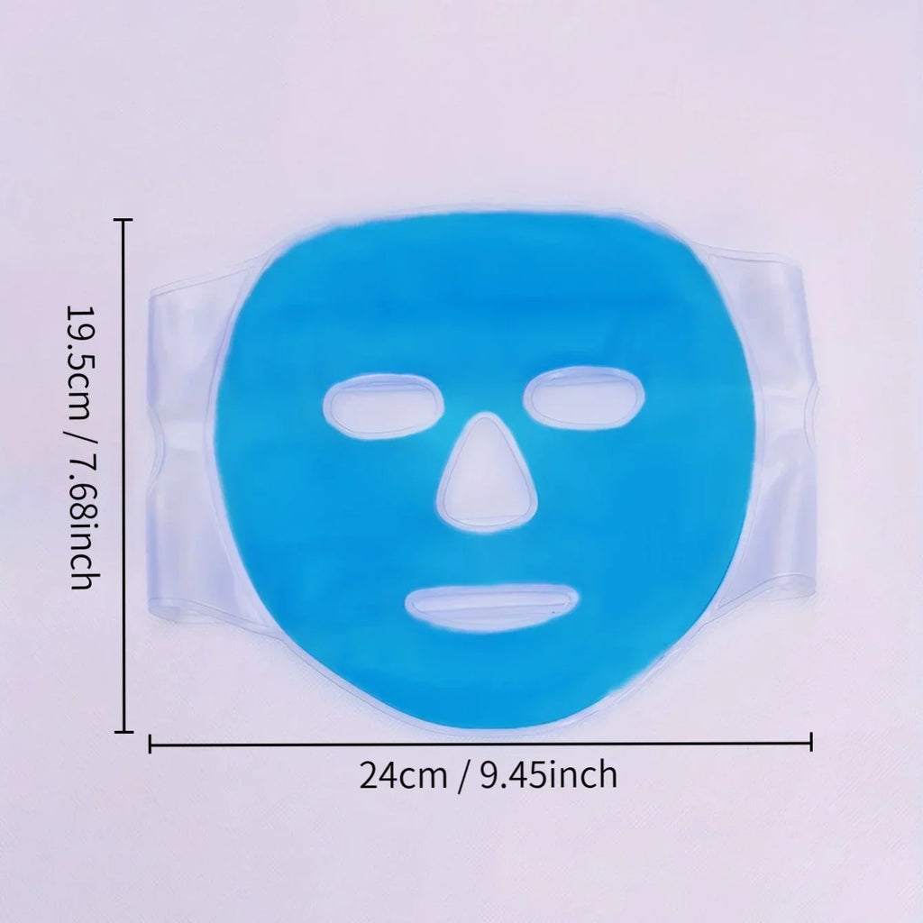 Blue gel face cooling mask made of clear PVC with cutouts for eyes, nose, and mouth, shown with size dimensions.