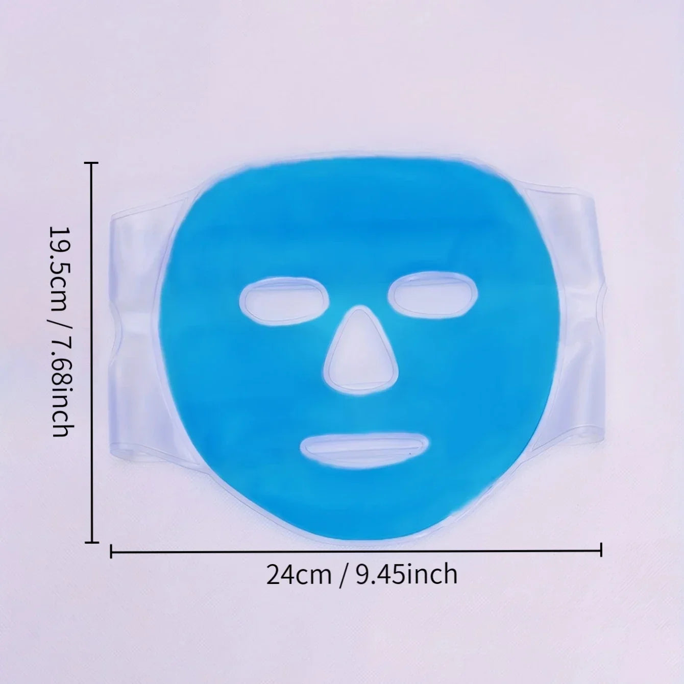 Blue gel face cooling mask made of clear PVC with cutouts for eyes, nose, and mouth, shown with size dimensions.