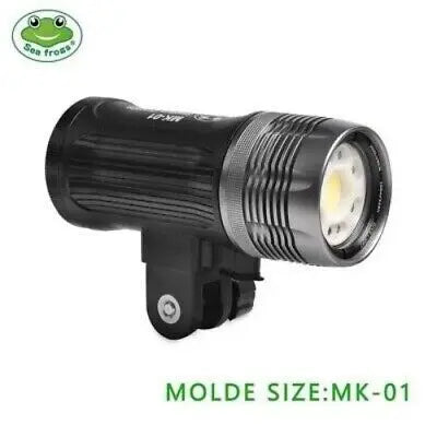 Black cylindrical underwater LED dive light with a ribbed metal head and a camera action mount base.