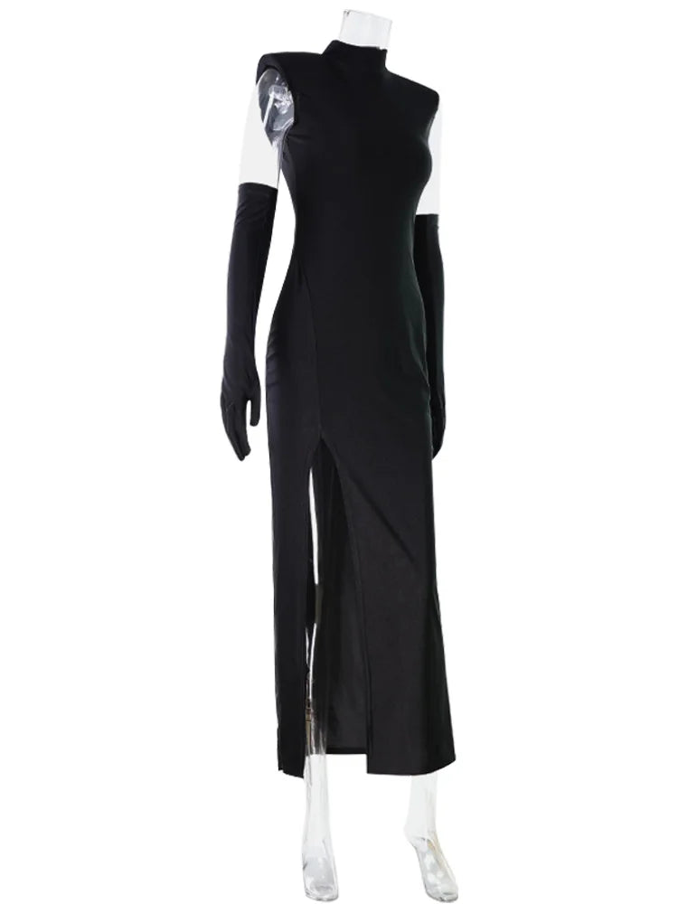 Ahagaga Fashion Women's Maxi Dress With Scarf Half Turtleneck Solid Sheath Bodycon High Split Party Eelgant Trend Vestidos Robes