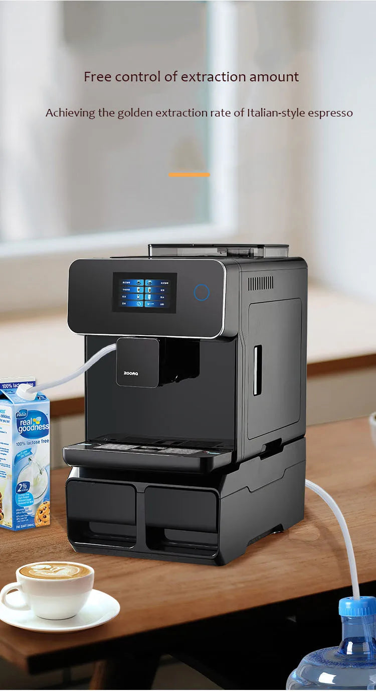 Black Roong automatic espresso machine with touchscreen, external milk and water feed, on a wooden countertop.
