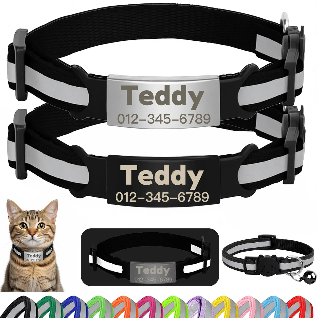 Reflective customized cat and puppy collar with engraved nameplate ID tag for anti-lost pet safety.