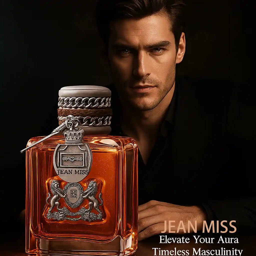 JEAN MISS Woody Eau de Toilette for men: 100ml luxury square bottle with lion crest emblem and metallic chain detail.