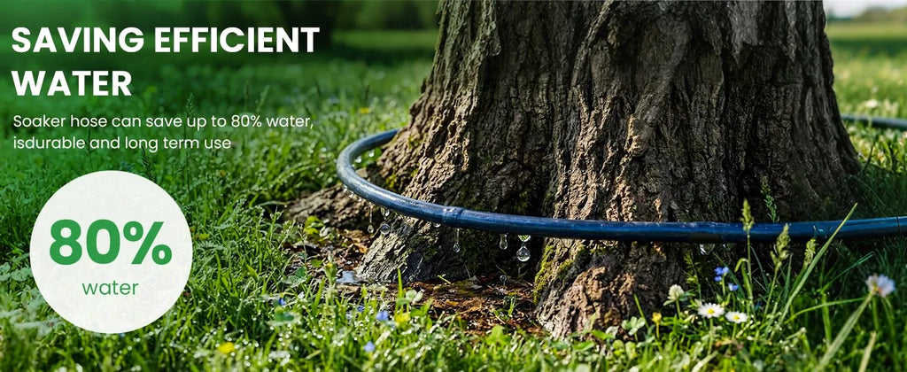 Drip irrigation tubing near tree base with water flow across mulch and grass