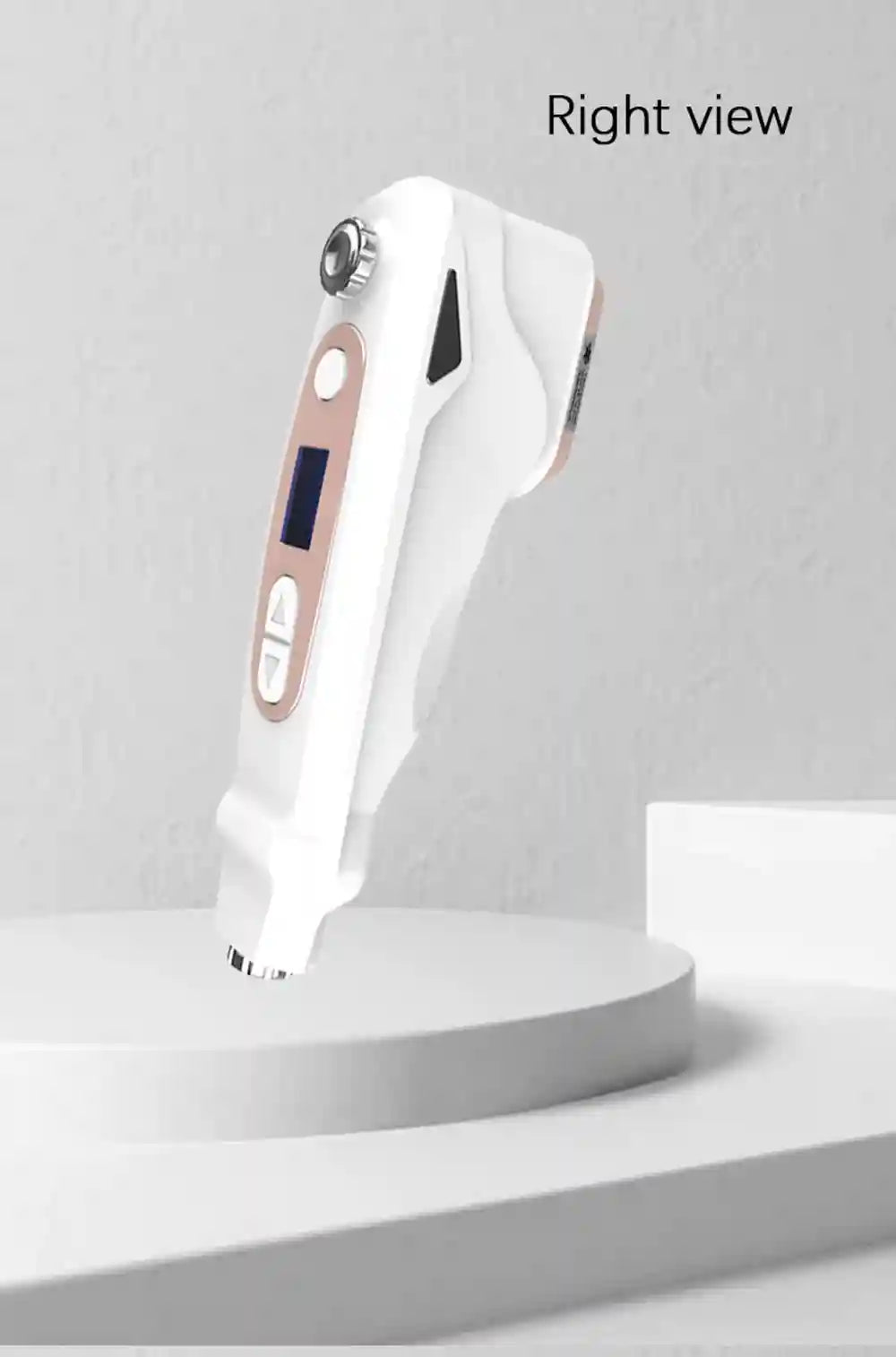 Right view of white handheld mini HIFU face lifting machine with digital screen for anti-aging and facial skincare.