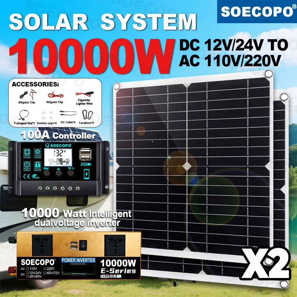 SOECOPO 10000W Solar Power Full Kit DC 12V - AC 110V 220V Inverter 100A Controller 2*600W Panels for Home System Camping