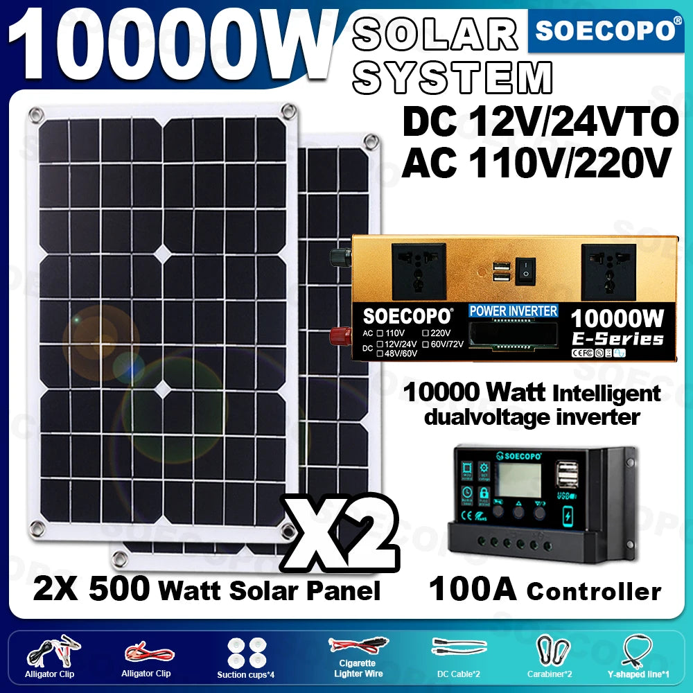 SOECOPO10000W Peak Solar System Kit 2x300W Solar Panels DC 12V 24V - AC 110V/220V Inverter 100A Controller for Home Camping