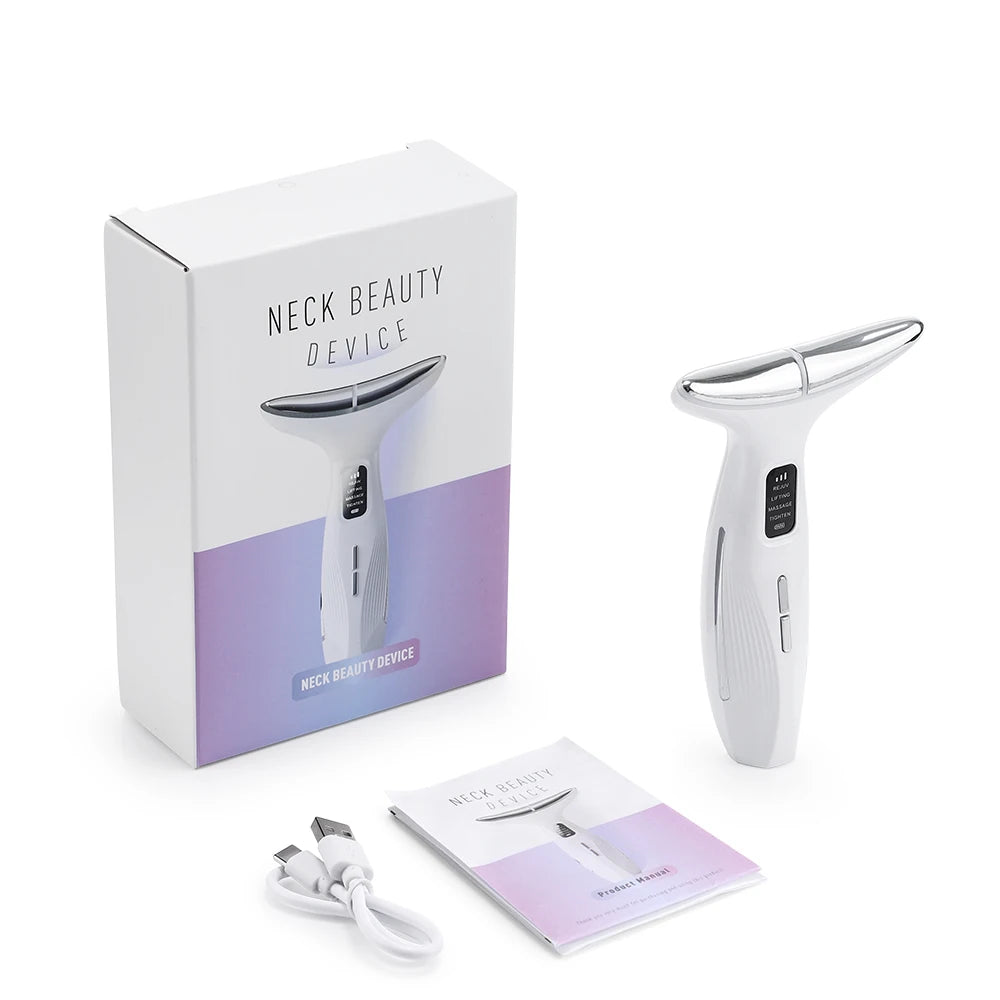White portable neck massager with silver curved head, charging cable, product manual, and branded retail box.