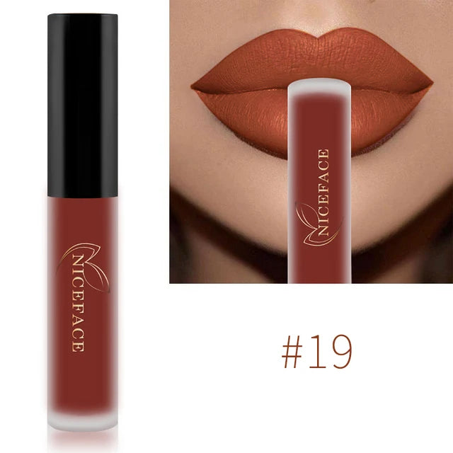 Waterproof matte liquid lipstick in shade #19, a rich terracotta orange-red, showing tube and swatch on lips.