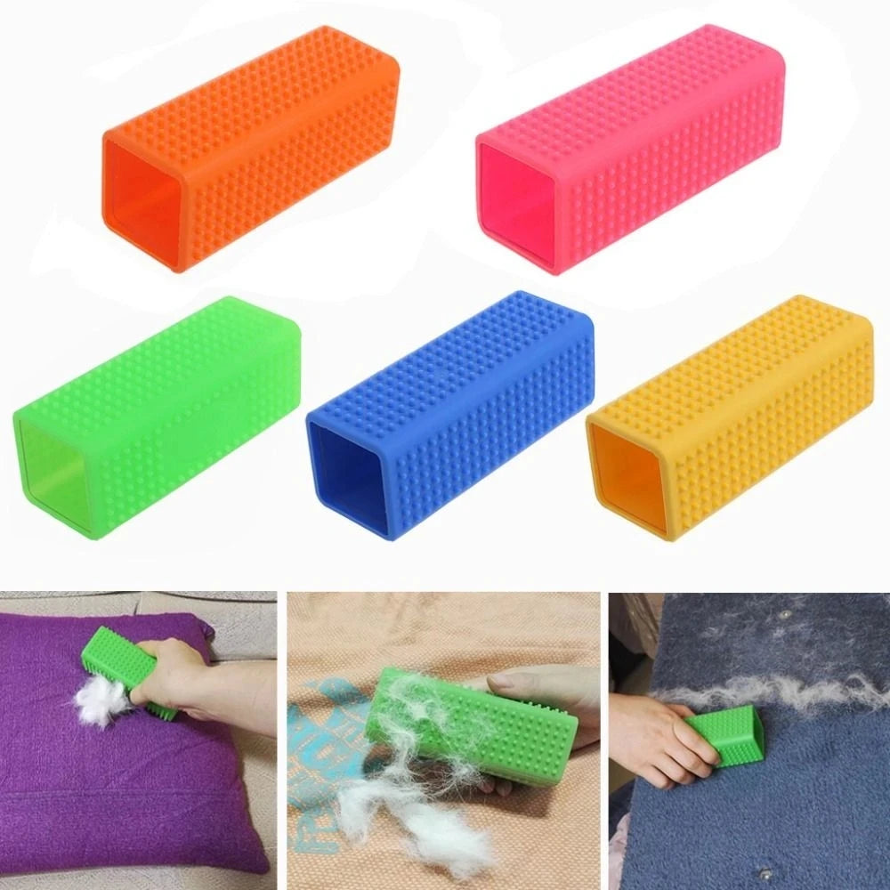 Colorful silicone hollow pet hair removal brushes for effective cat and dog fur cleaning on furniture and fabrics.