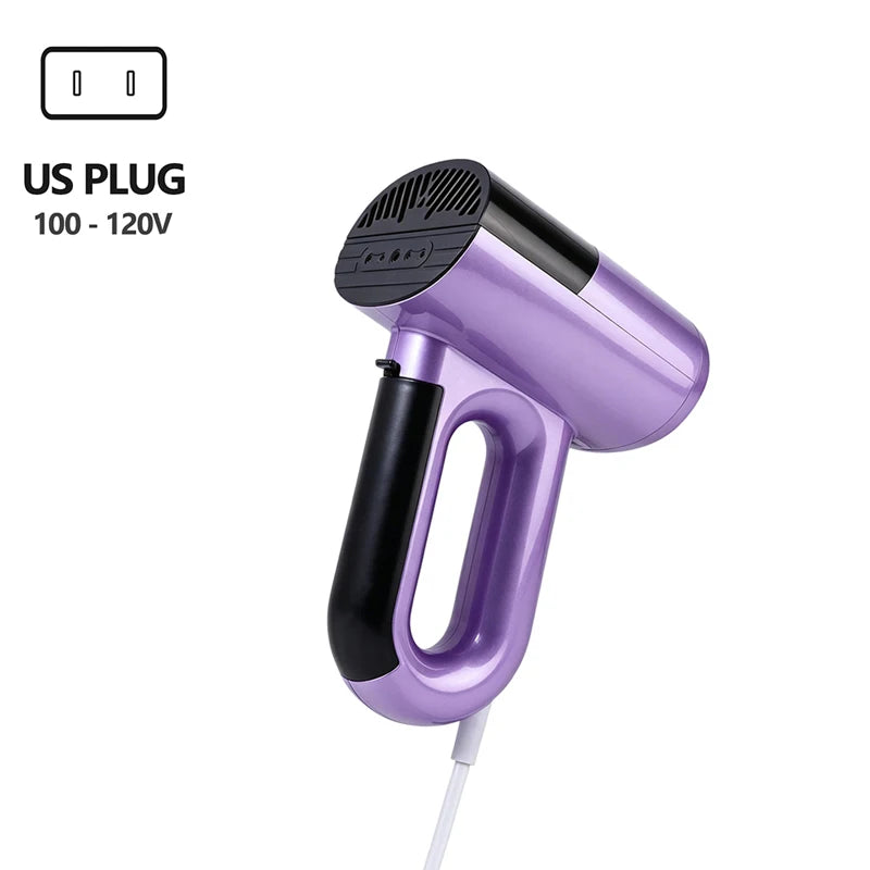 Purple handheld garment steamer with US plug power cord