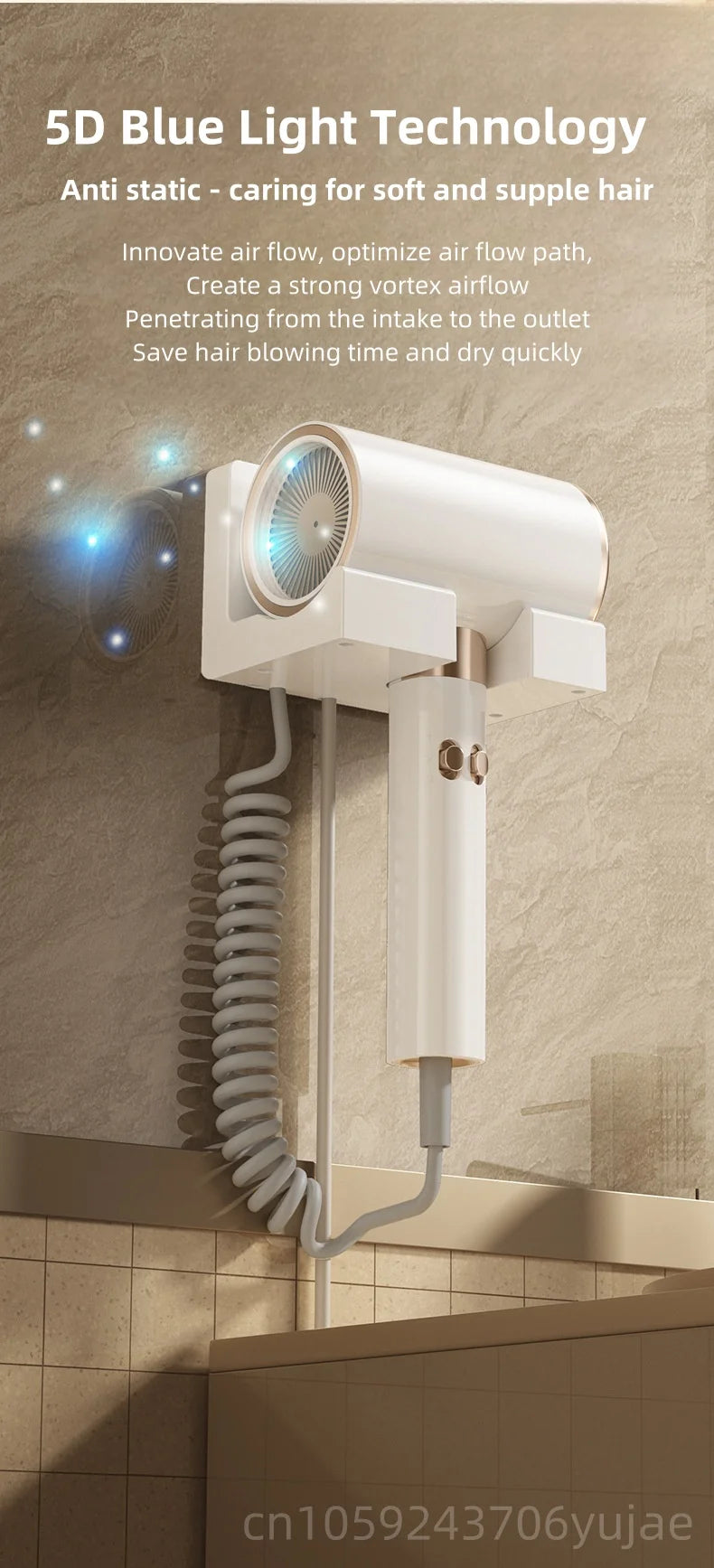 White wall-mounted 2200W hair dryer with blue light technology, coiled cord, and punch-free design for hotels or home.