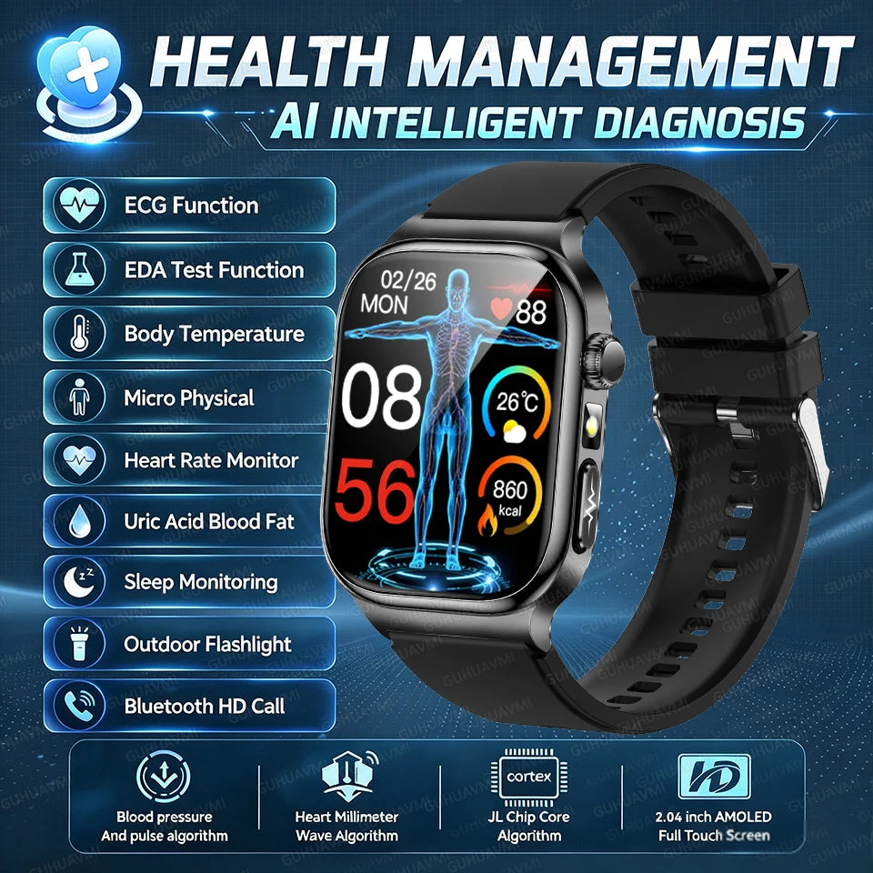 2026 New Accurate Diagnosis Smart Watch Body Fat ECG Blood oxygen BP Health Sport HD AMOLED Screen Call Smart Watches man woman