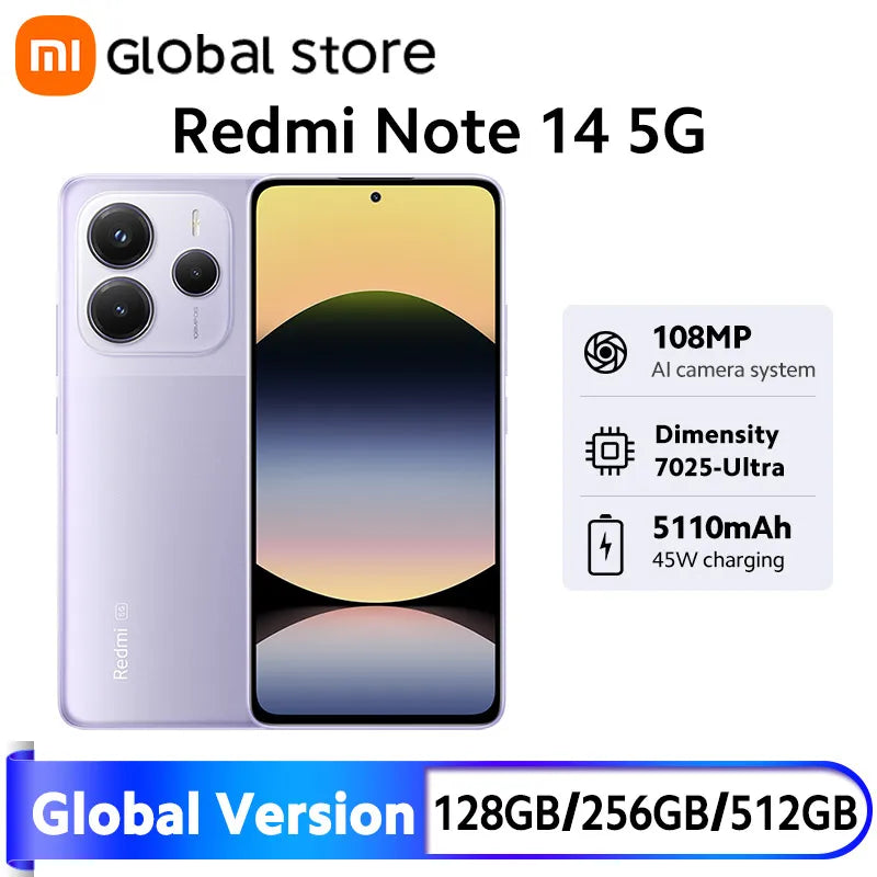 Xiaomi Redmi Note 14 5G Smartphone Global Version NFC 108MP 128GB/256GB ROM Camera MTK Dimensity 7025-Ultra 45W Turbo Charging