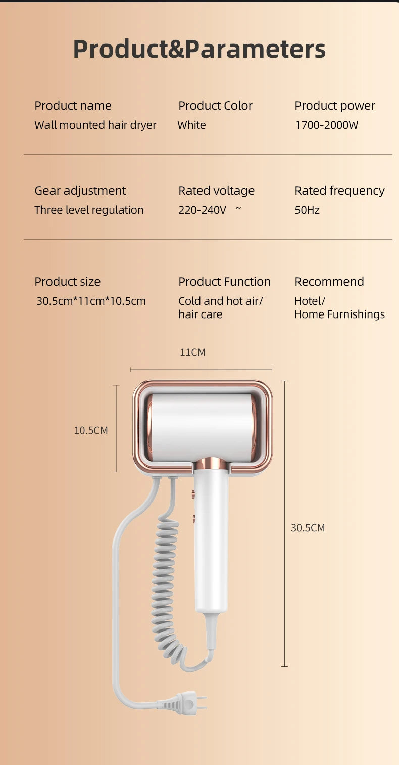 White wall-mounted hair dryer with gold trim, 2000W power, 3-speed settings, and coiled cord for hotel or home use.