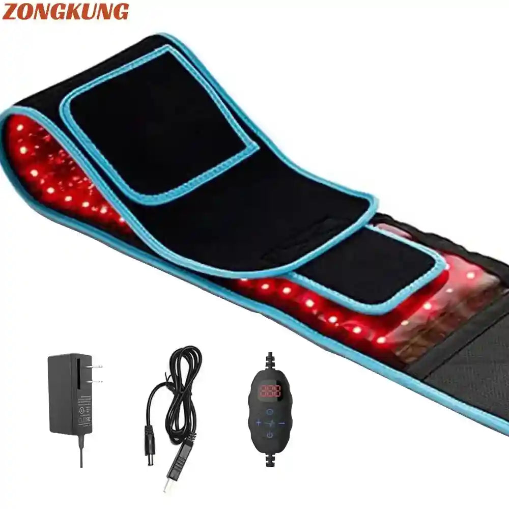 Black therapy belt with blue trim and red LED lights, including a digital controller and power adapter.