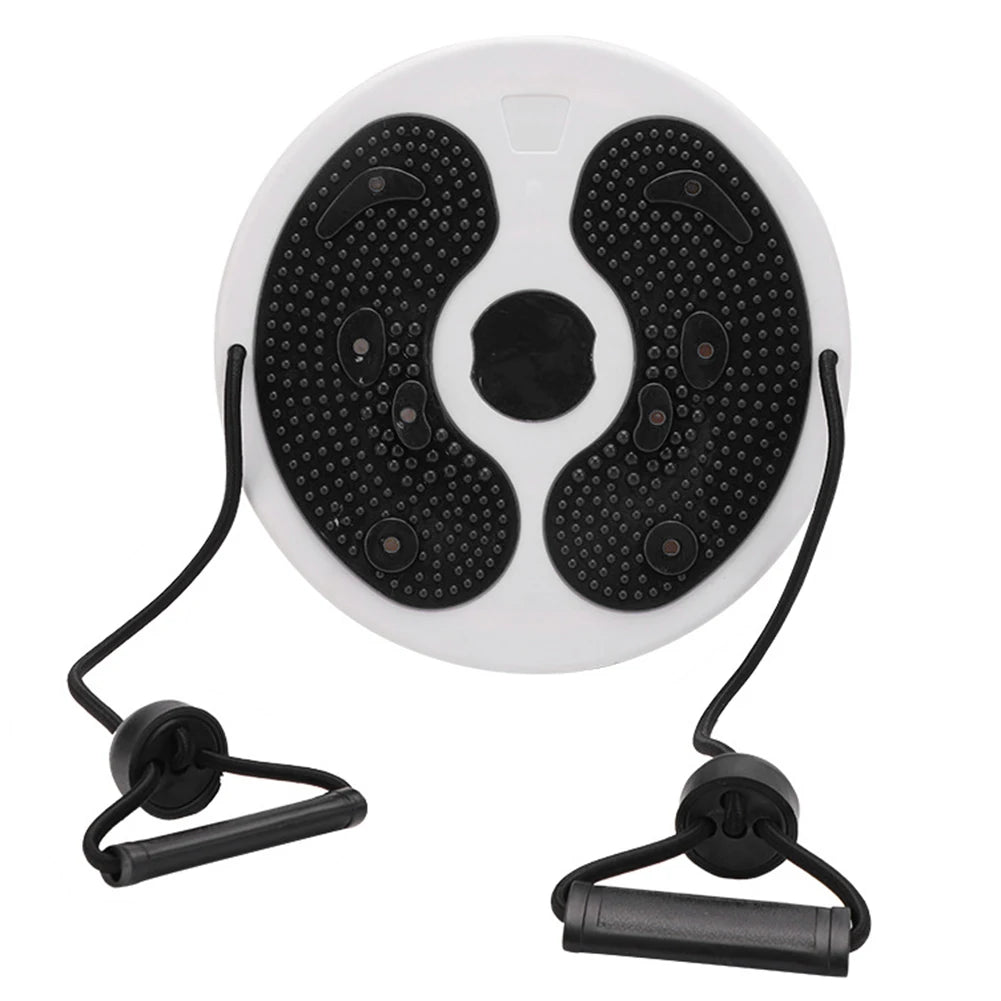 Round white plastic waist twisting disc with textured black footpads and attached resistance bands for exercise.