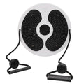 Round white plastic waist twisting disc with textured black footpads and attached resistance bands for exercise.