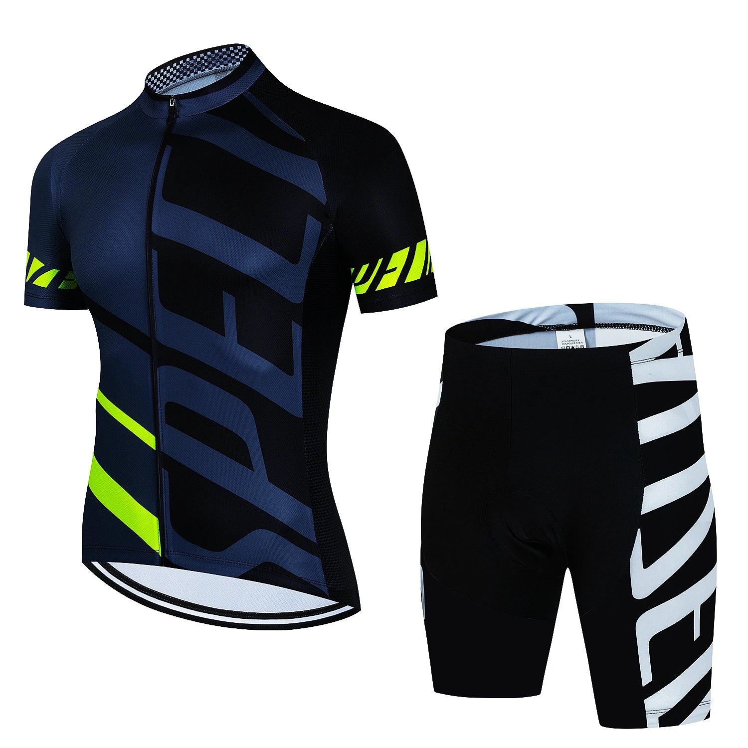 Tidesmit black and blue cycling jersey set with neon yellow accents, short sleeves, and athletic moisture-wicking fabric.