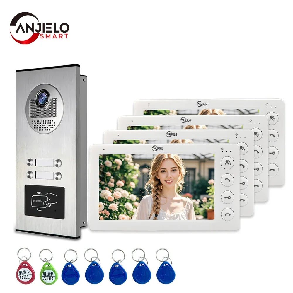 ANJIELO 7-inch 4-cable video door telephone system 2/3/4-unit multi-apartment intercom video doorbell with RFID card unlocking