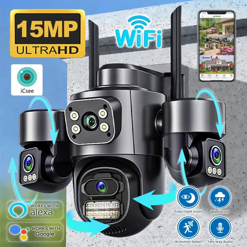 Black PTZ security camera with dual side cameras and WiFi app monitoring on a phone