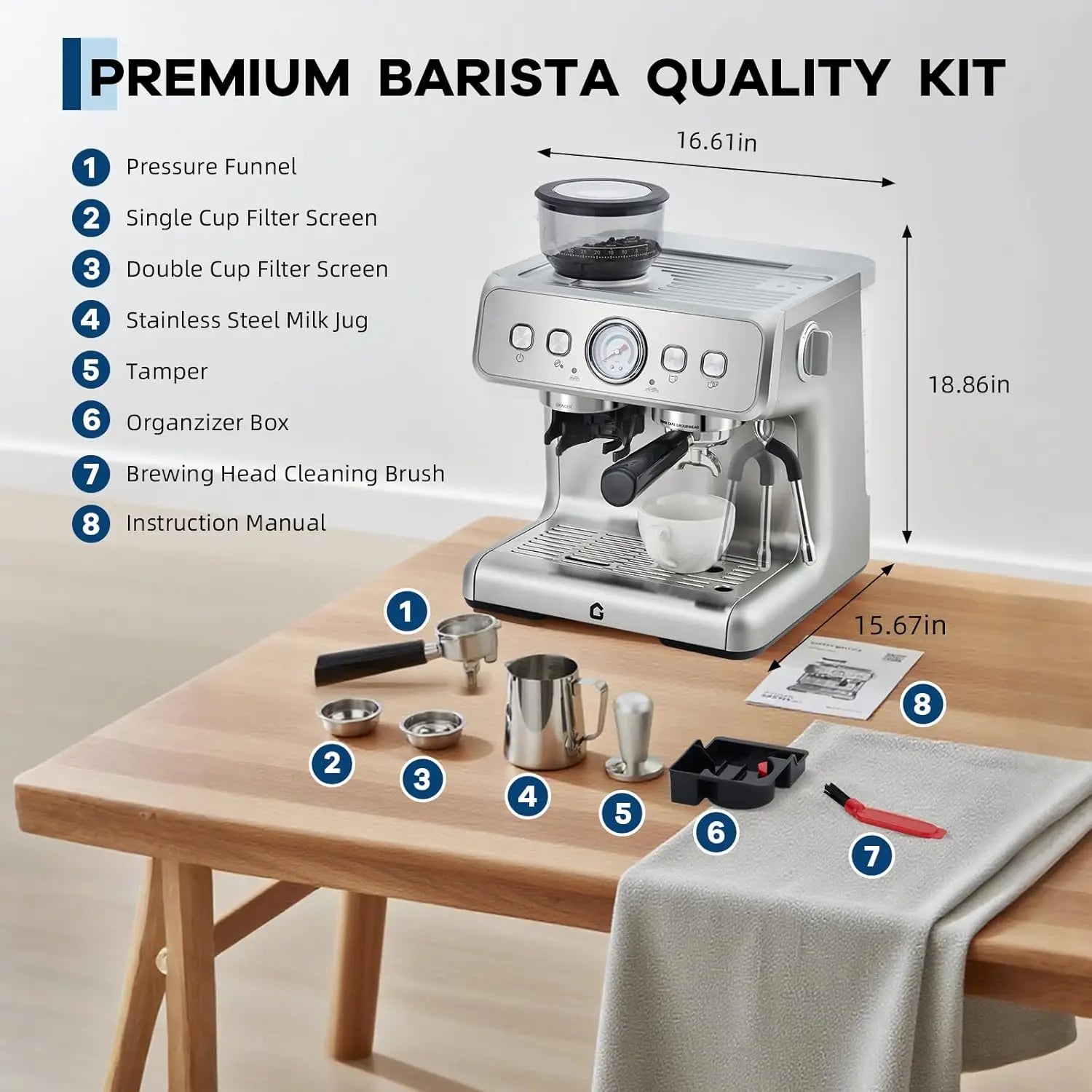 Silver stainless steel espresso machine with barista kit, including portafilter, milk jug, tamper, and cleaning tools.