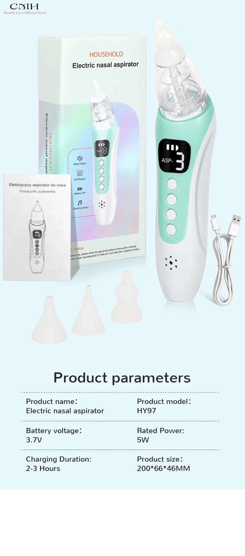 Tidesmit Electric Nasal Aspirator, USB Rechargeable, 3 Suction Modes Back Massage Instrument Tidesmit