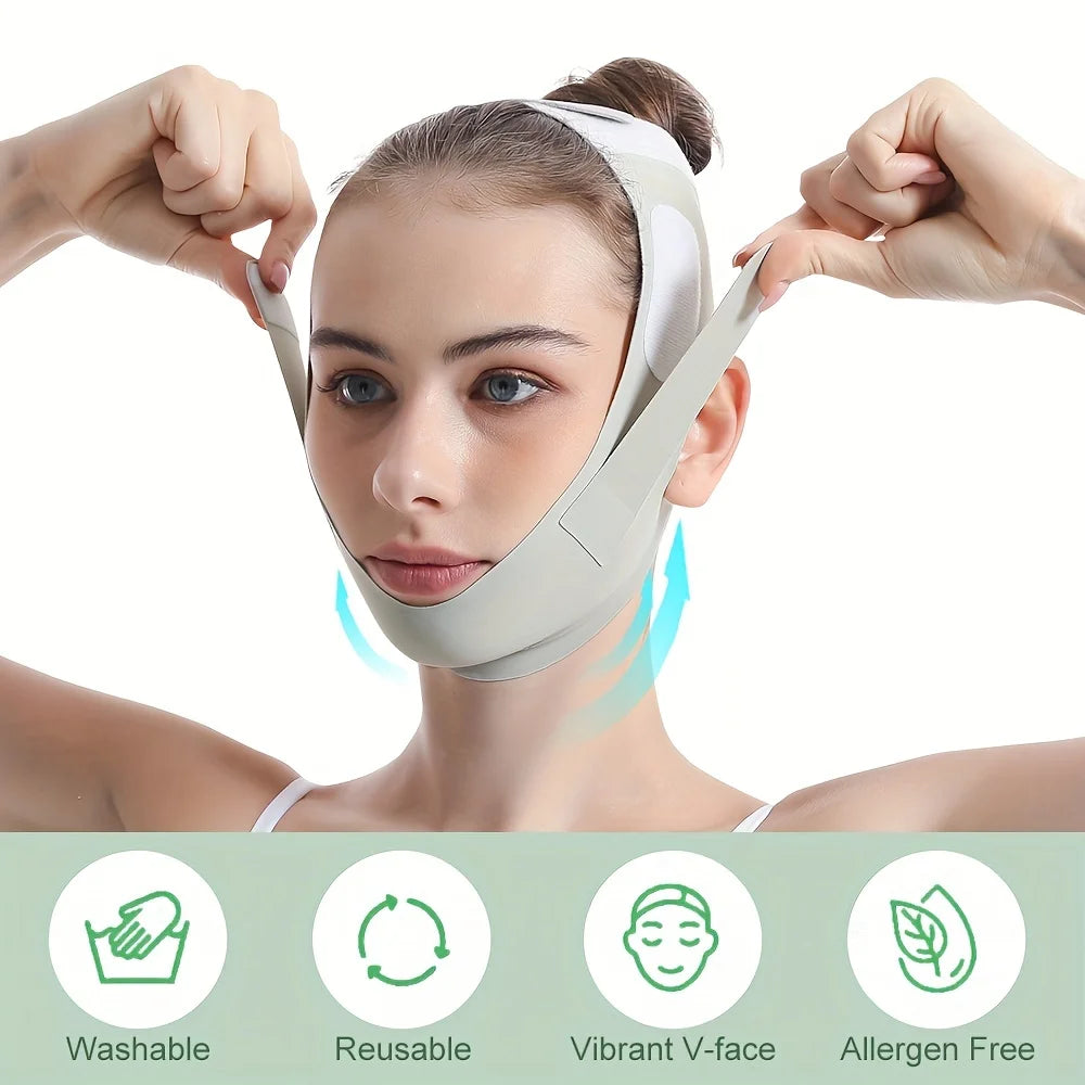 Adjustable gray elastic chin strap for face lifting and jawline contouring, worn with Velcro head straps.