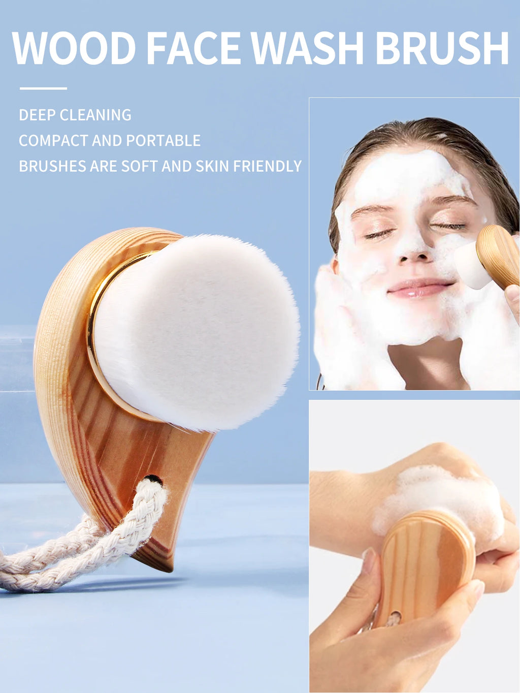 Soft manual facial cleansing brush with wood handle and white bristles for deep cleaning and makeup removal.
