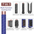 7-in-1 high-speed ionic hair dryer set with blue and rose gold finish, curling barrels, and styling brush attachments.
