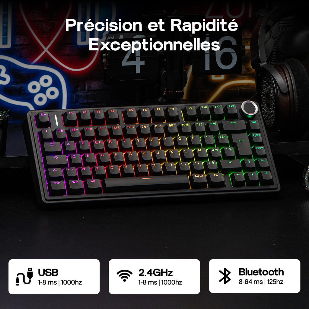 ISO-FR Layout AULA F75 75% AZERTY French Layout Wired/Bluetooth/2.4G Wireless Mechanical Gaming Keyboard RGB Backlighting 4000mAh Battery For Win/Mac